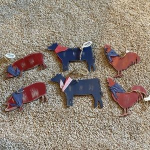 Farmhouse Weathered/Distressed Christmas Ornaments Rooster, Pig, Horse Blue &Red